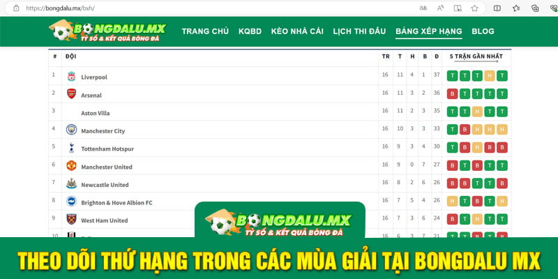 Theo dõi thứ hạng trong các mùa giải tại Bongdalu Mx